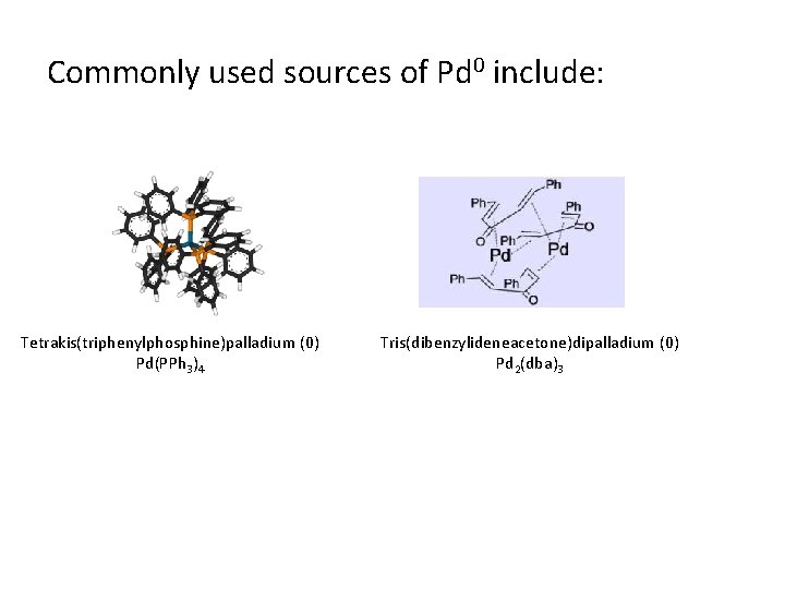 Commonly used sources of Pd 0 include: Tetrakis(triphenylphosphine)palladium (0) Pd(PPh 3)4 Tris(dibenzylideneacetone)dipalladium (0) Pd