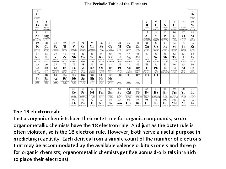 The 18 electron rule Just as organic chemists have their octet rule for organic