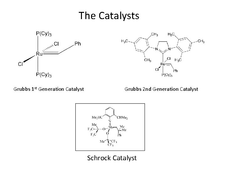 The Catalysts Grubbs 1 st Generation Catalyst Grubbs 2 nd Generation Catalyst Schrock Catalyst