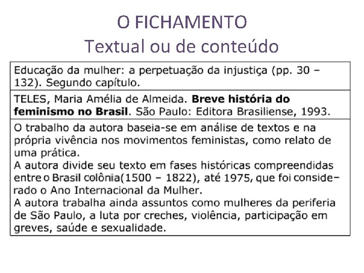 O FICHAMENTO Textual ou de conteúdo 