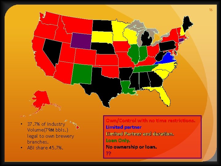 16 • • 37. 7% of Industry Volume(79 M bbls. ) legal to own