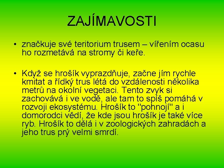 ZAJÍMAVOSTI • značkuje své teritorium trusem – vířením ocasu ho rozmetává na stromy či