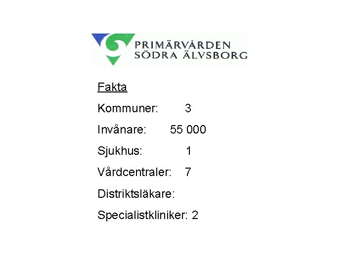 Fakta Kommuner: 3 Invånare: 55 000 Sjukhus: 1 Vårdcentraler: 7 Distriktsläkare: Specialistkliniker: 2 