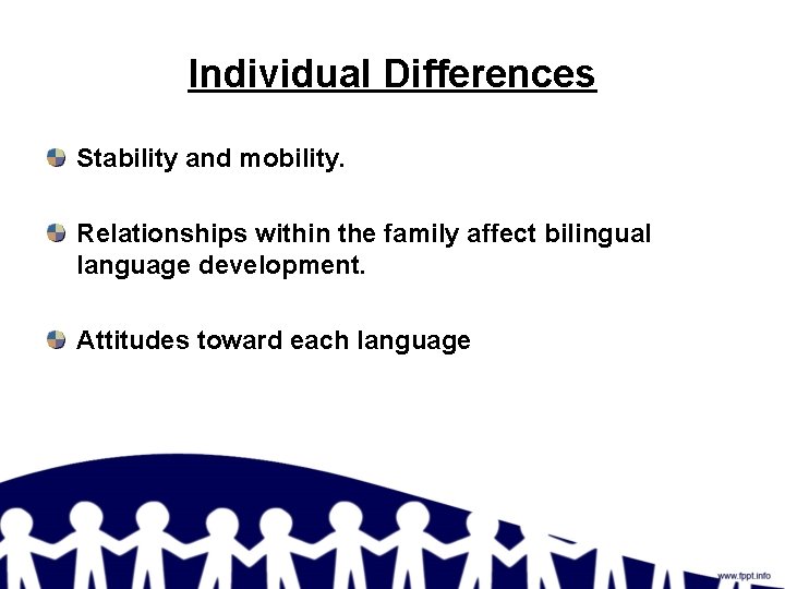 Individual Differences Stability and mobility. Relationships within the family affect bilingual language development. Attitudes