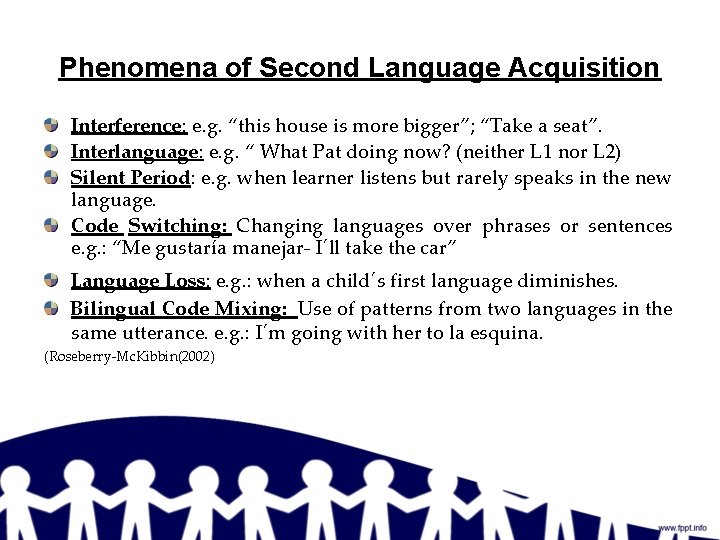 Phenomena of Second Language Acquisition Interference: e. g. “this house is more bigger”; “Take