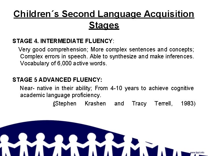 Children´s Second Language Acquisition Stages STAGE 4. INTERMEDIATE FLUENCY: Very good comprehension; More complex