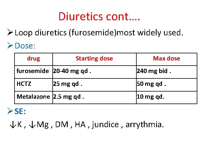 Diuretics cont…. Ø Loop diuretics (furosemide)most widely used. Ø Dose: drug Starting dose Max