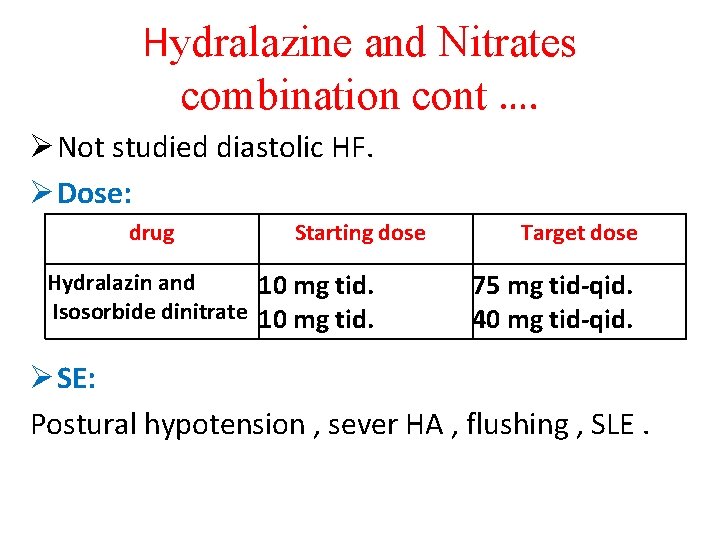 Hydralazine and Nitrates combination cont …. Ø Not studied diastolic HF. Ø Dose: drug