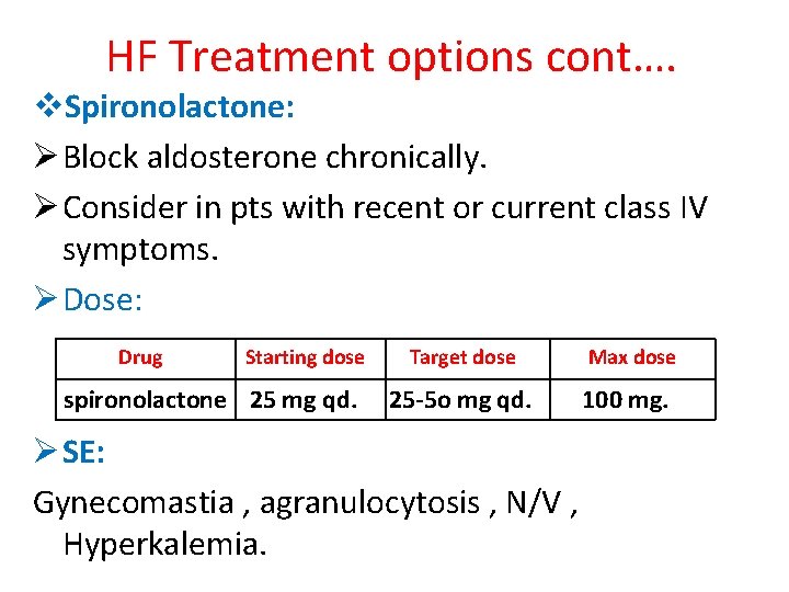 HF Treatment options cont…. v. Spironolactone: Ø Block aldosterone chronically. Ø Consider in pts