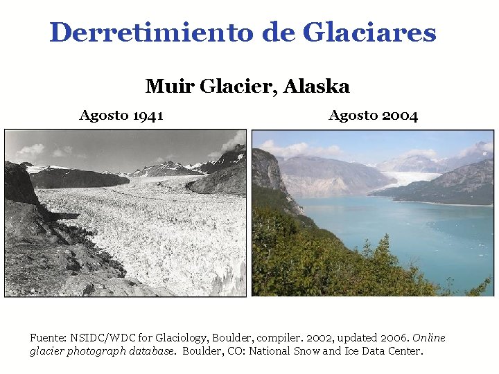 Derretimiento de Glaciares Muir Glacier, Alaska Agosto 1941 Agosto 2004 Fuente: NSIDC/WDC for Glaciology,