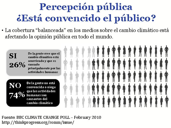 Percepción pública ¿Está convencido el público? • La cobertura “balanceada” en los medios sobre