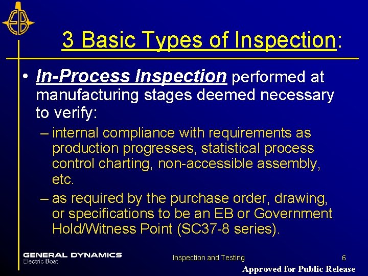 3 Basic Types of Inspection: • In-Process Inspection performed at manufacturing stages deemed necessary 3 Basic Types of Inspection: • In-Process Inspection performed at manufacturing stages deemed necessary