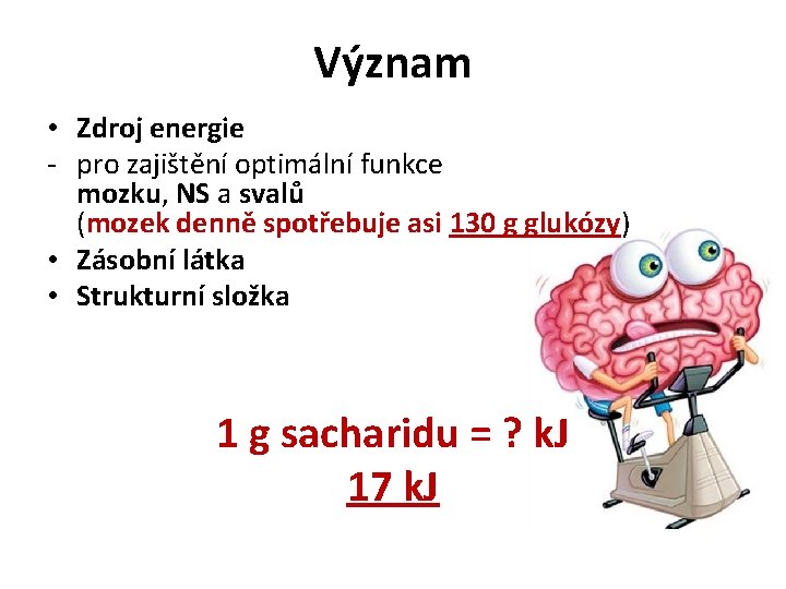 Význam • Zdroj energie - pro zajištění optimální funkce mozku, NS a svalů (mozek