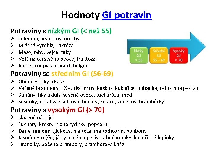 Hodnoty GI potravin Potraviny s nízkým GI (< než 55) Ø Ø Ø Zelenina,
