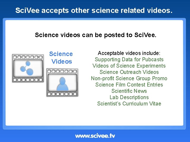 Sci. Vee accepts other science related videos. Science videos can be posted to Sci.