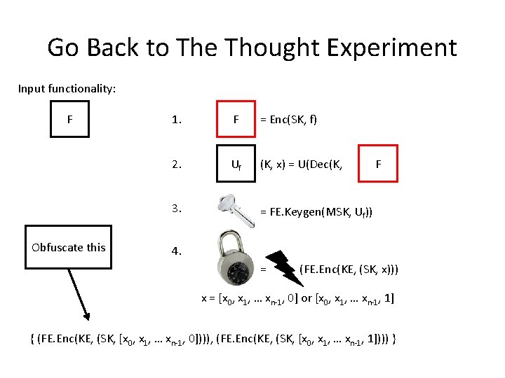 Go Back to The Thought Experiment Input functionality: F 1. F = Enc(SK, f)