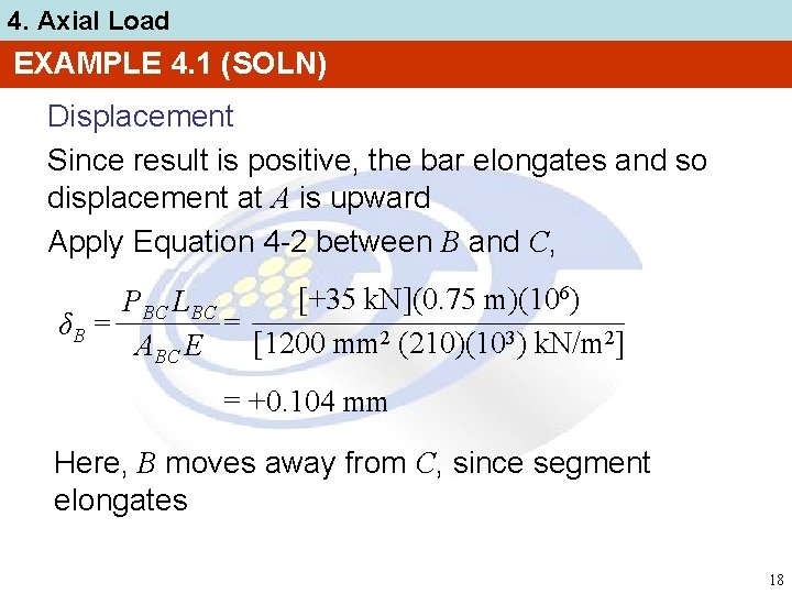 4. Axial Load EXAMPLE 4. 1 (SOLN) Displacement Since result is positive, the bar