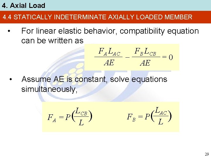 4. Axial Load 4. 4 STATICALLY INDETERMINATE AXIALLY LOADED MEMBER • For linear elastic