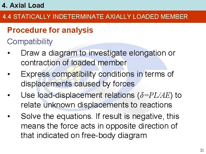 4. Axial Load 4. 4 STATICALLY INDETERMINATE AXIALLY LOADED MEMBER Procedure for analysis Compatibility