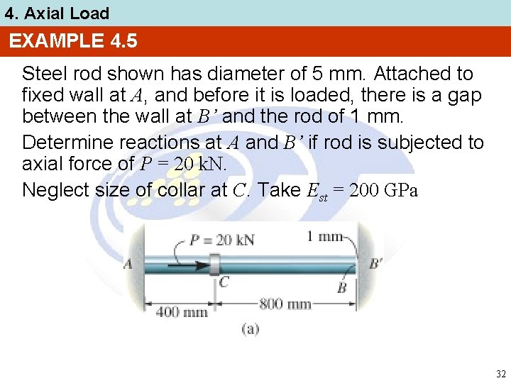 4. Axial Load EXAMPLE 4. 5 Steel rod shown has diameter of 5 mm.