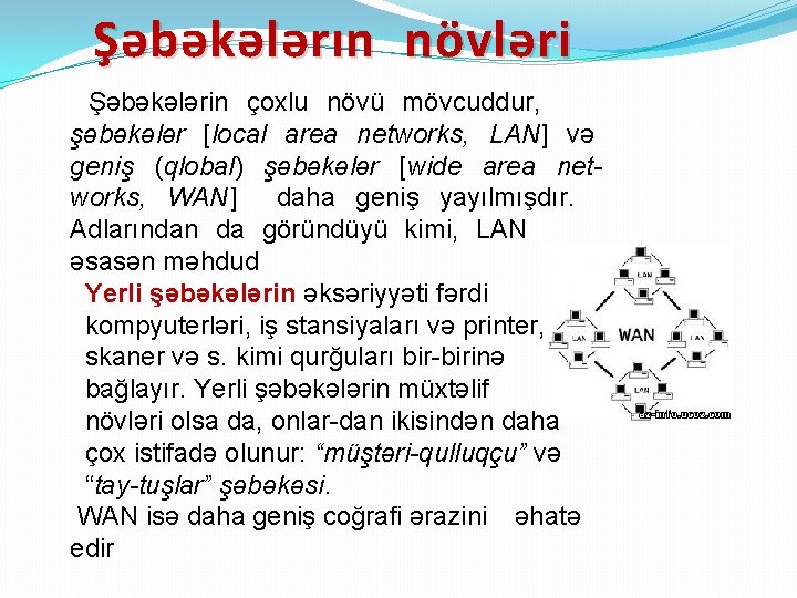 Şəbəkələrın növləri Şəbəkələrin çoxlu növü mövcuddur, şəbəkələr [local area networks, LAN] və geniş (qlobal)