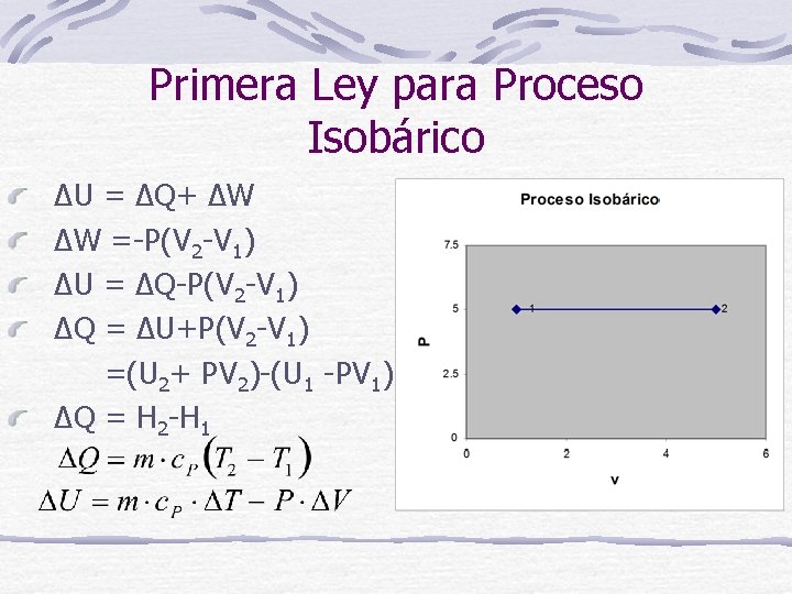 Primera Ley para Proceso Isobárico ΔU = ΔQ+ ΔW ΔW =-P(V 2 -V 1)