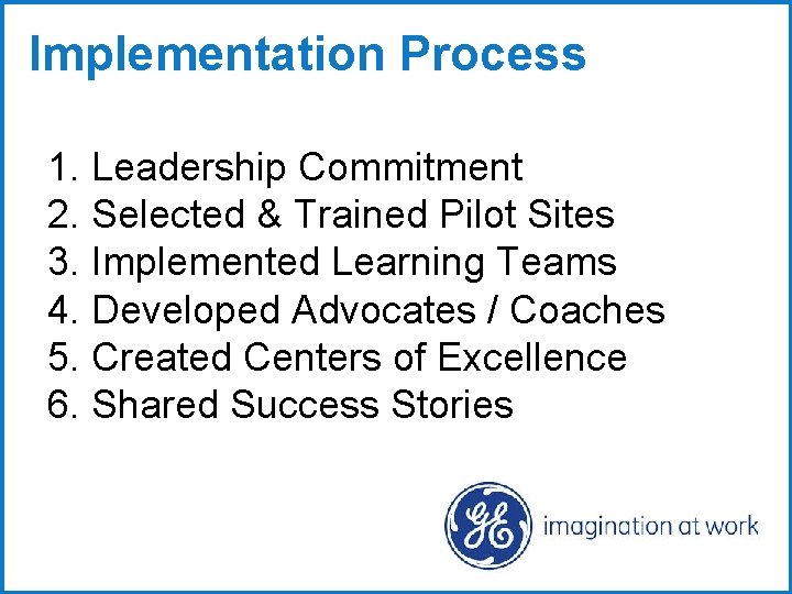 Implementation Process 1. Leadership Commitment 2. Selected & Trained Pilot Sites 3. Implemented Learning