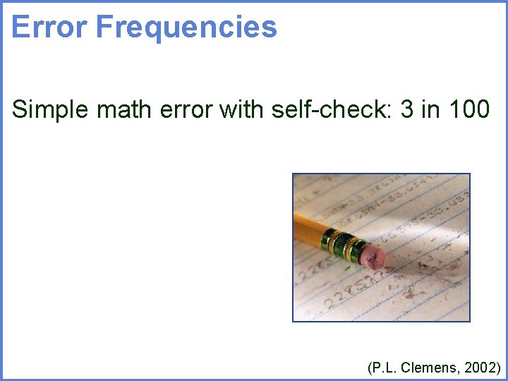 Error Frequencies Simple math error with self-check: 3 in 100 (P. L. Clemens, 2002)