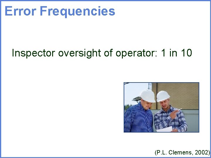 Error Frequencies Inspector oversight of operator: 1 in 10 (P. L. Clemens, 2002) 