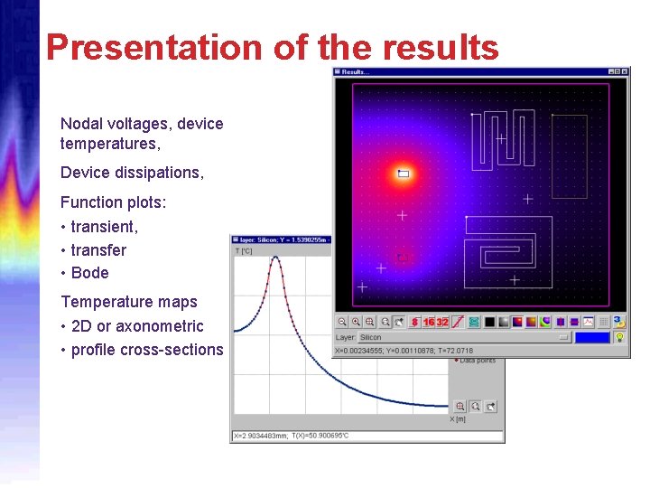 Presentation of the results Nodal voltages, device temperatures, Device dissipations, Function plots: • transient,