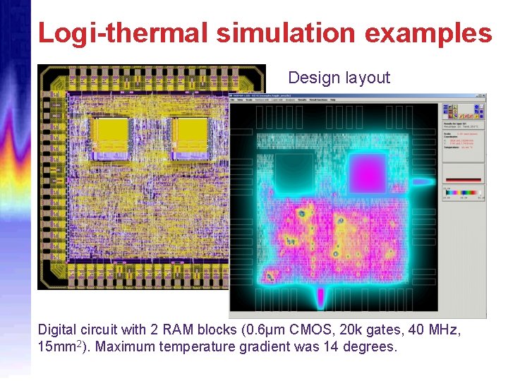 Logi-thermal simulation examples Design layout Digital circuit with 2 RAM blocks (0. 6µm CMOS,