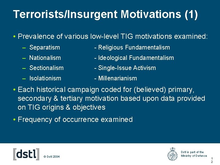 Terrorists/Insurgent Motivations (1) • Prevalence of various low-level TIG motivations examined: – Separatism -