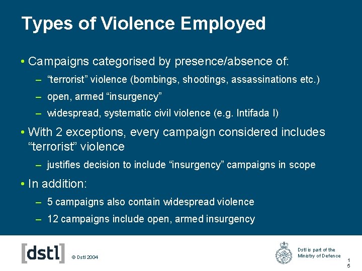 Types of Violence Employed • Campaigns categorised by presence/absence of: – “terrorist” violence (bombings,