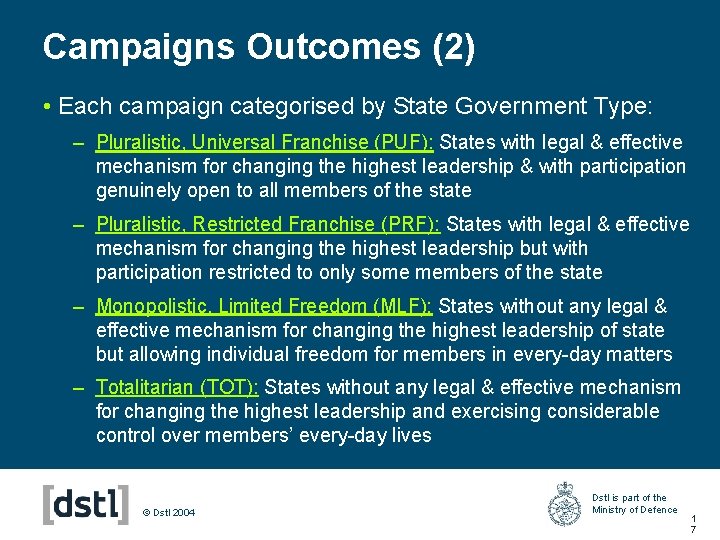 Campaigns Outcomes (2) • Each campaign categorised by State Government Type: – Pluralistic, Universal
