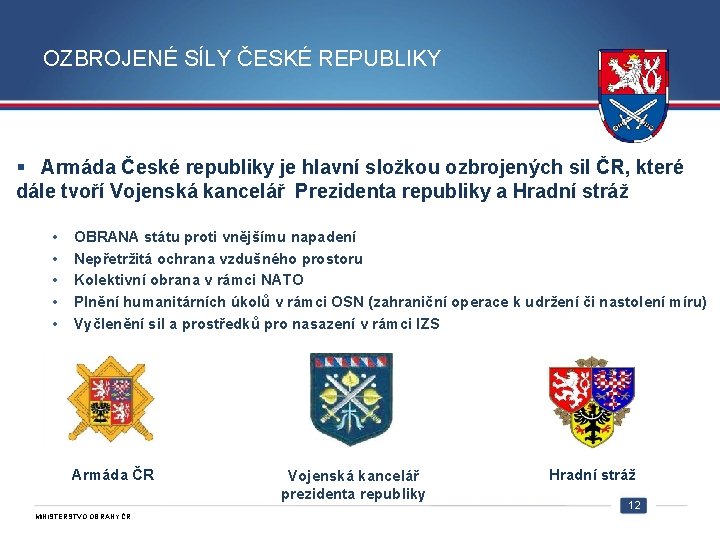 OZBROJENÉ SÍLY ČESKÉ REPUBLIKY § Armáda České republiky je hlavní složkou ozbrojených sil ČR,