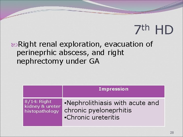 7 th HD Right renal exploration, evacuation of perineprhic abscess, and right nephrectomy under