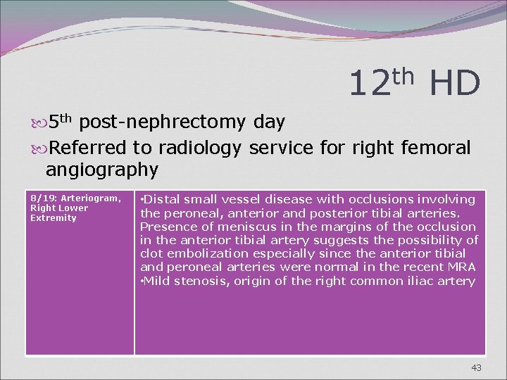 12 th HD 5 th post-nephrectomy day Referred to radiology service for right femoral