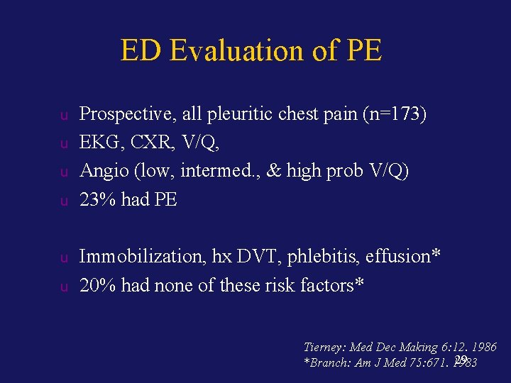 ED Evaluation of PE u u u Prospective, all pleuritic chest pain (n=173) EKG,