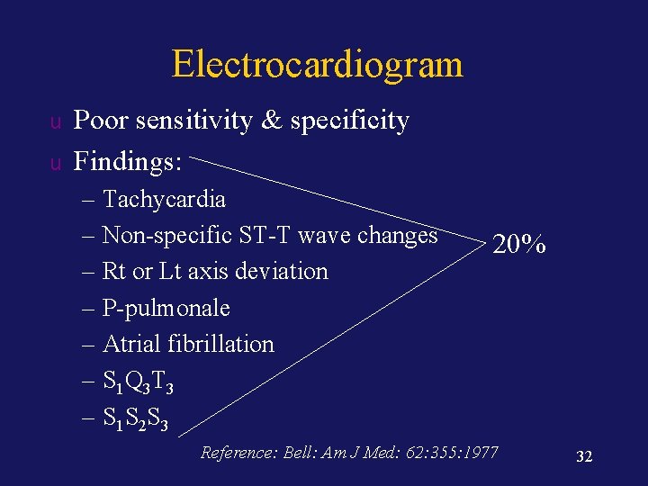 Electrocardiogram u u Poor sensitivity & specificity Findings: – Tachycardia – Non-specific ST-T wave