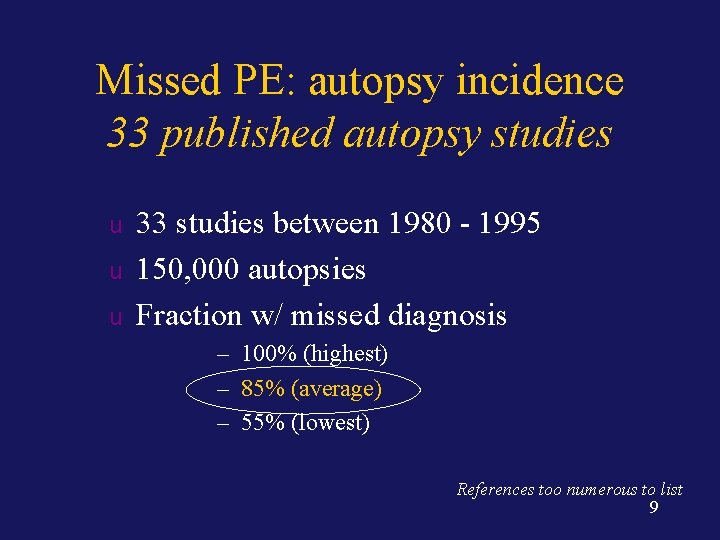 Missed PE: autopsy incidence 33 published autopsy studies u u u 33 studies between