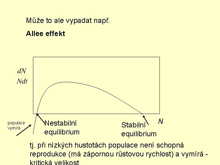 Může to ale vypadat např. Allee effekt populace vymírá Nestabilní equilibrium Stabilní N equilibrium