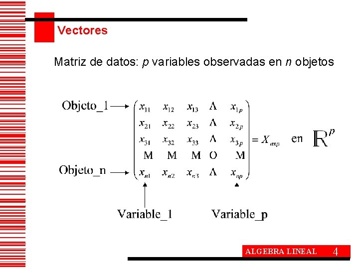 Vectores Matriz de datos: p variables observadas en n objetos ALGEBRA LINEAL 4 