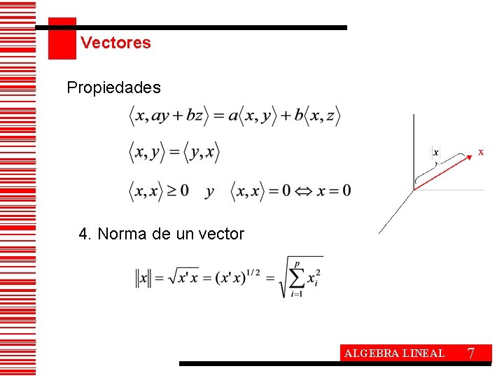 Vectores Propiedades 4. Norma de un vector ALGEBRA LINEAL 7 