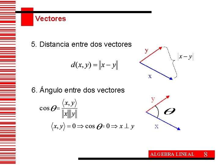 Vectores 5. Distancia entre dos vectores 6. Ángulo entre dos vectores ALGEBRA LINEAL 8