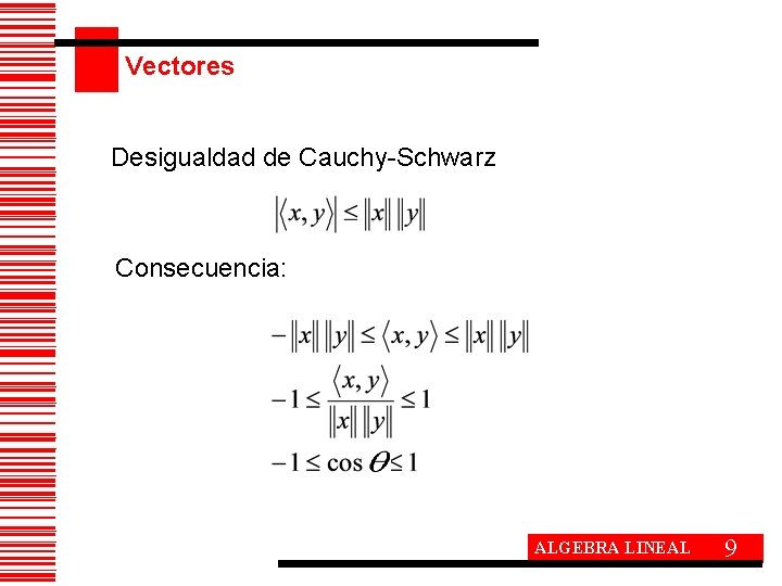 Vectores Desigualdad de Cauchy-Schwarz Consecuencia: ALGEBRA LINEAL 9 