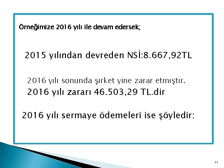 Örneğimize 2016 yılı ile devam edersek; 2015 yılından devreden NSİ: 8. 667, 92 TL