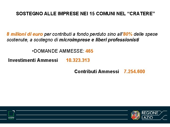 SOSTEGNO ALLE IMPRESE NEI 15 COMUNI NEL “CRATERE” 8 milioni di euro per contributi