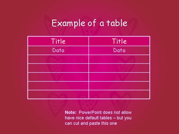 Example of a table Title Data Note: Power. Point does not allow have nice