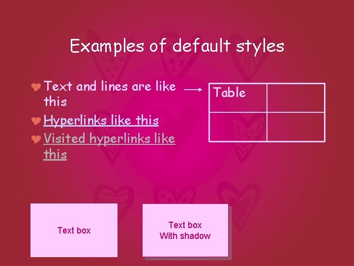 Examples of default styles Y Text and lines are like this Y Hyperlinks like