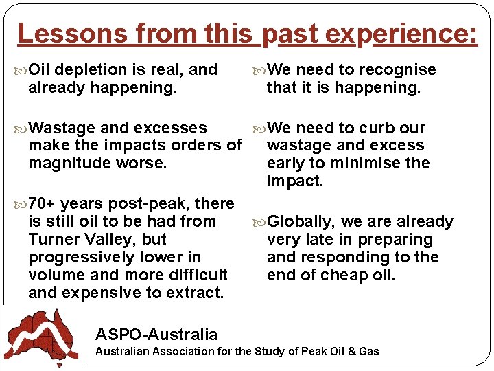 Lessons from this past experience: Oil depletion is real, and We need to recognise